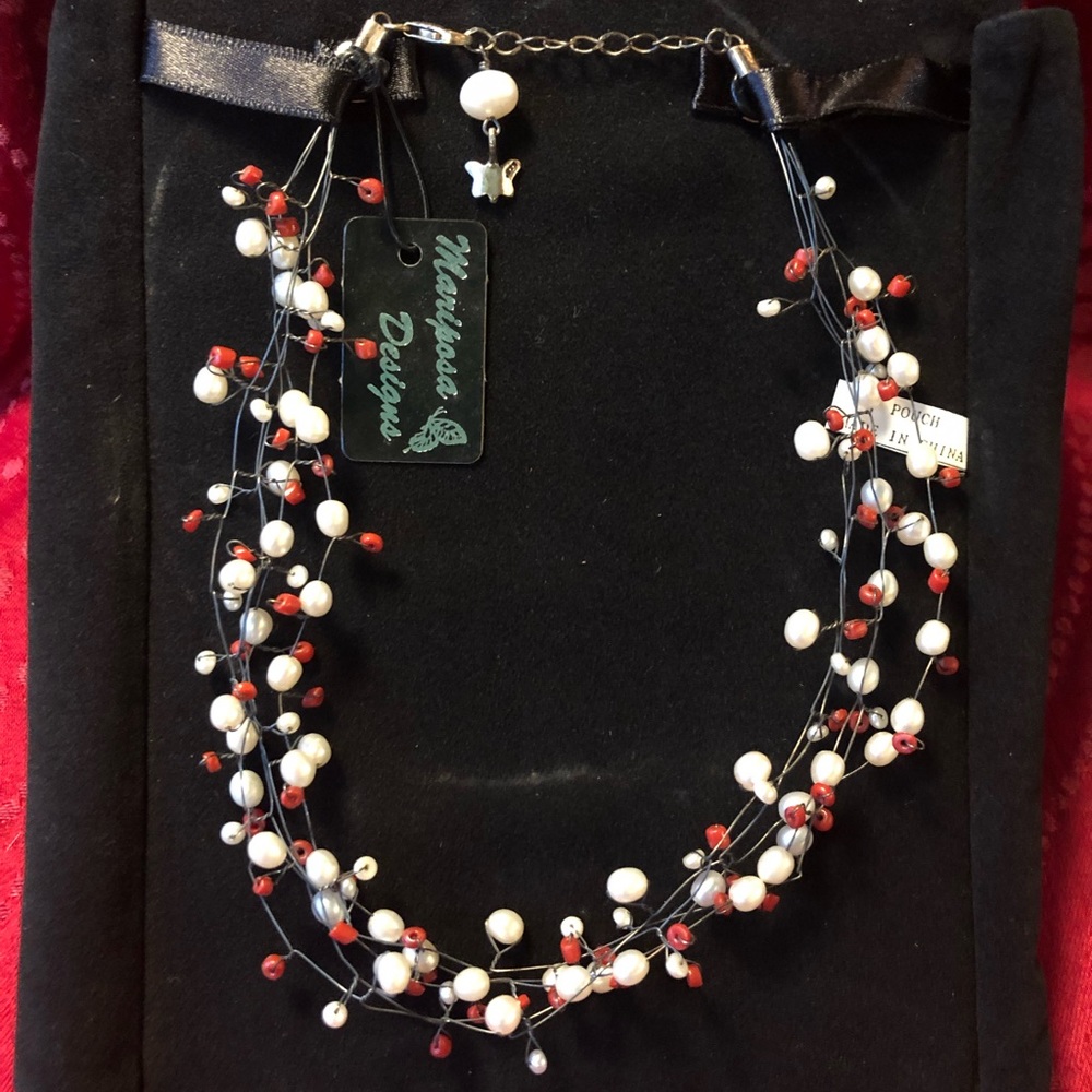 Mari post Designs Red Coral & Pearl Necklace